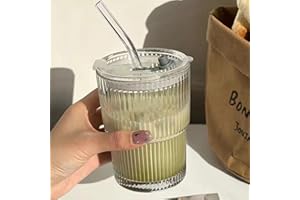 14 OZ Glass Cups with Lids and Straws Iced Coffee Cups with Lids Clear Ribbed Glassware Glass Tumbler for Coffee Smoothie Coc