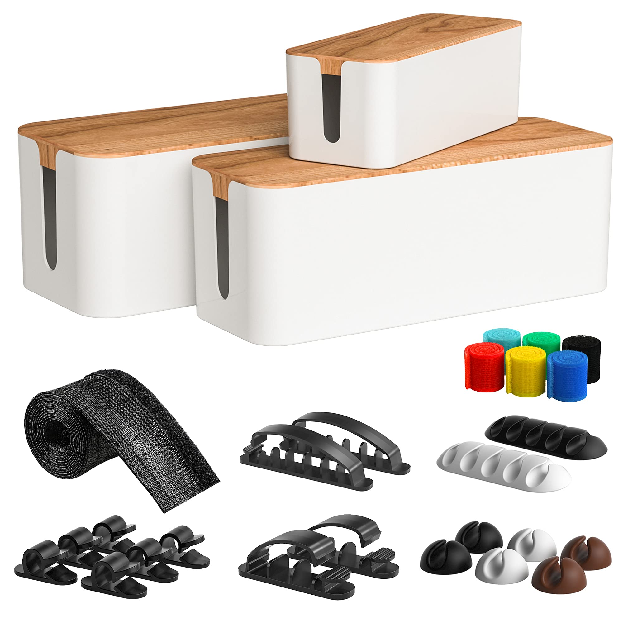 Cable Management Box 3 Pack with 16 CableClips&amp;Sleeve Set-Large&amp;Medium&amp;Small Wooden Style Cable Organizer Box to Hide Wires&amp;Power Strips | Cord Organizer Box | Cable Organizer for Home&amp;Office [White]