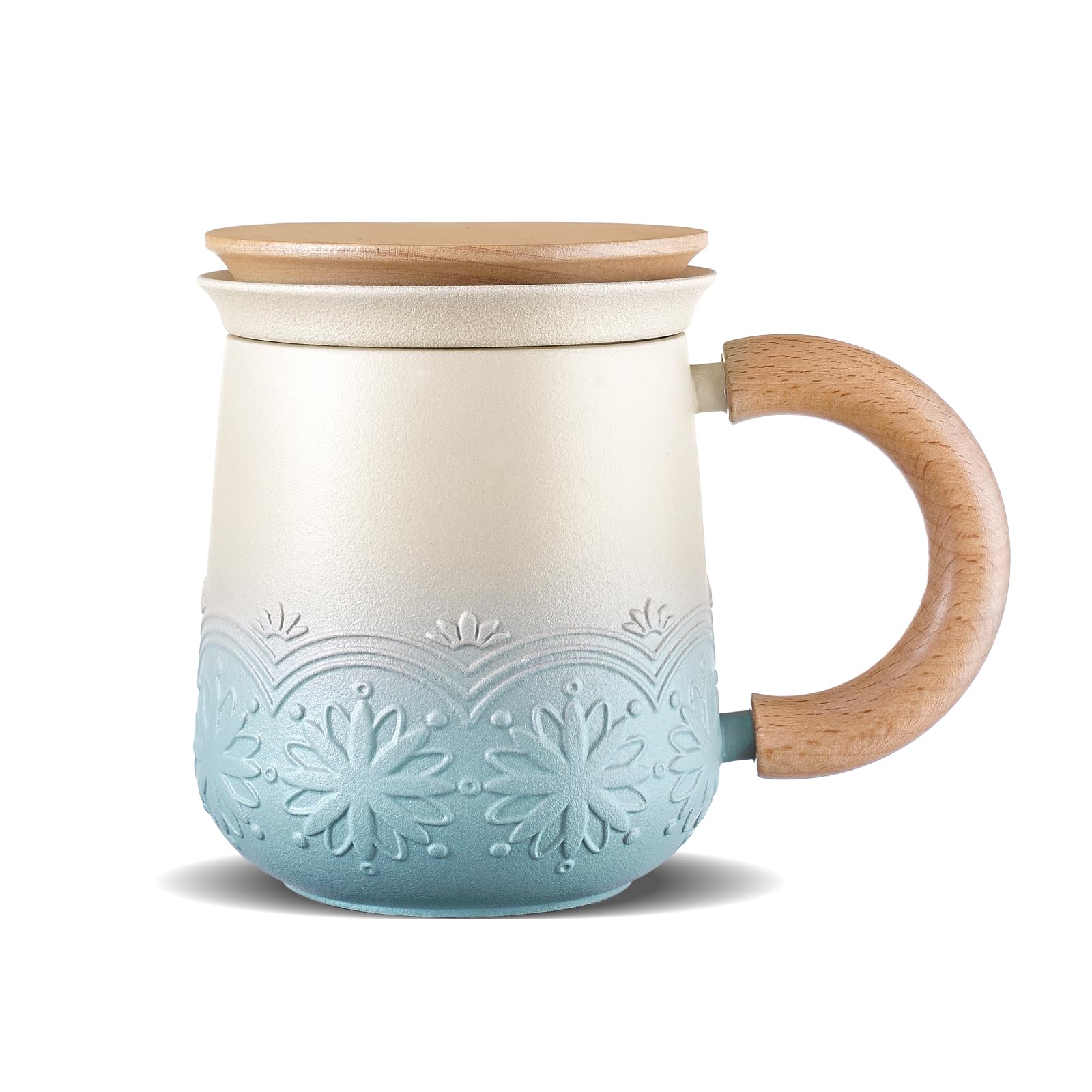 ZENS Embossed Ceramic Tea Cup with Strainers, 330 ml Gradient Blue Mug for Loose Leaf Tea Lovers