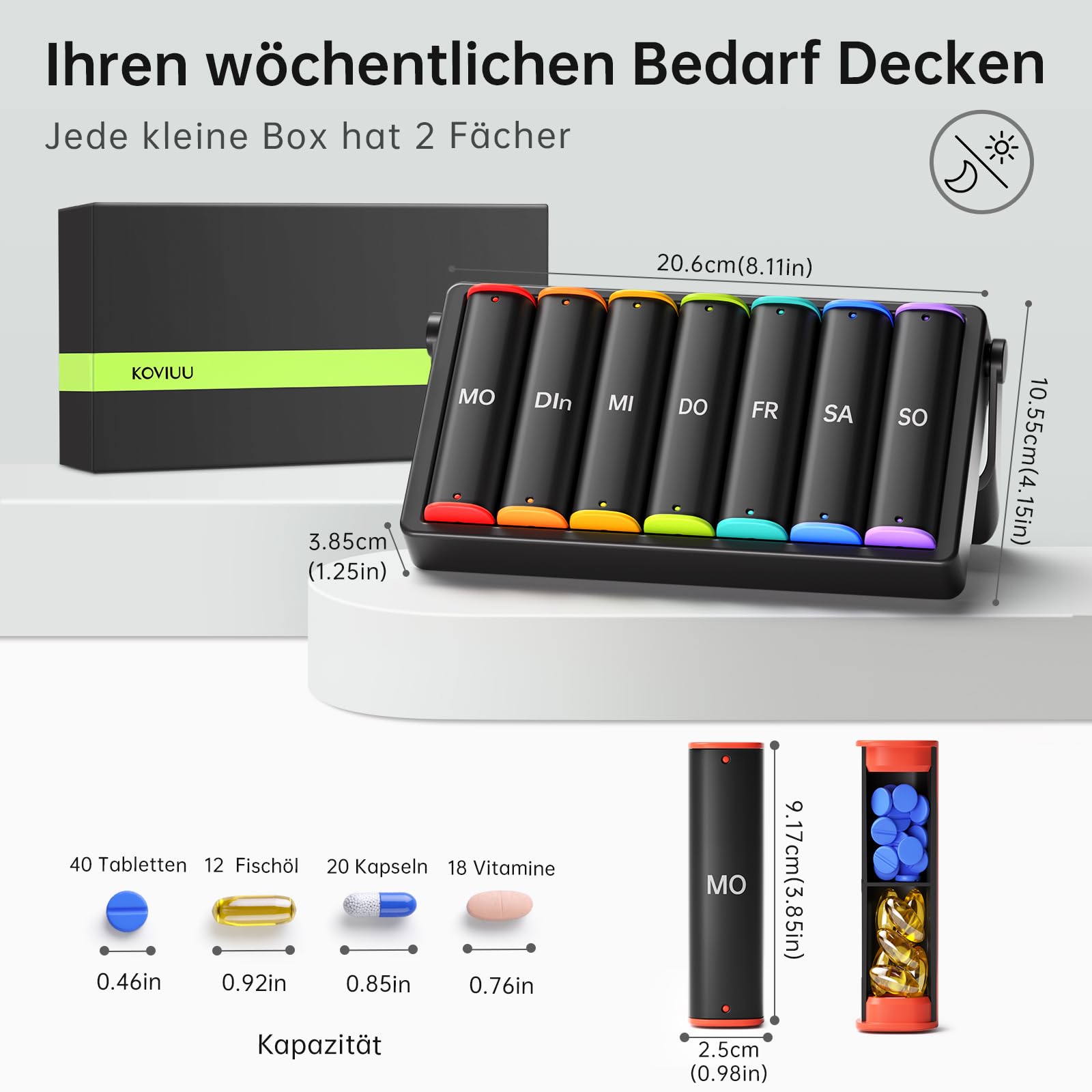 KOVIUU Tablettenbox 7 Tage Morgens Abends, BPA Frei Pillendose 2 Fächer Große für Unterwegs Abnehmbar, Medikamentenbox 7 Tage Datenschutz Verdickt, Pillenbox für Medikamente Vitamine Fischöl Schwarzl 2