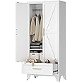 LCAOPC 71" Tall Metal Wardrobe Cabinet with Drawer and Hanging Rod, 2 Doors Armoire Wardrobe Closet with Shelf for Bedroom, Office, Laundry Room, White