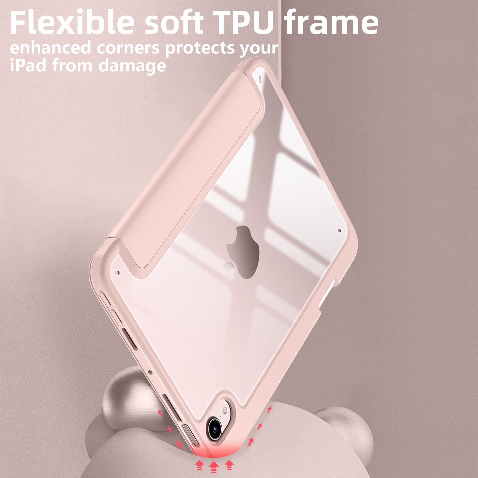 Mastten for iPad mini 7 Case A17 Pro, for iPad mini 7th/6th Generation Case 2024/2021 8.3 Inch with Pencil Holder, Hybrid Slim Clear Back Shell Cover Kids, Auto Wake/Sleep, Rose Pink