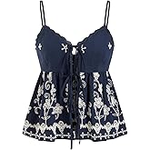 CIDER Sleeveless Boho Tops for Women Embroidered Lace Spaghetti Strap Crop Cami Top Tie Front Going Out Outfit