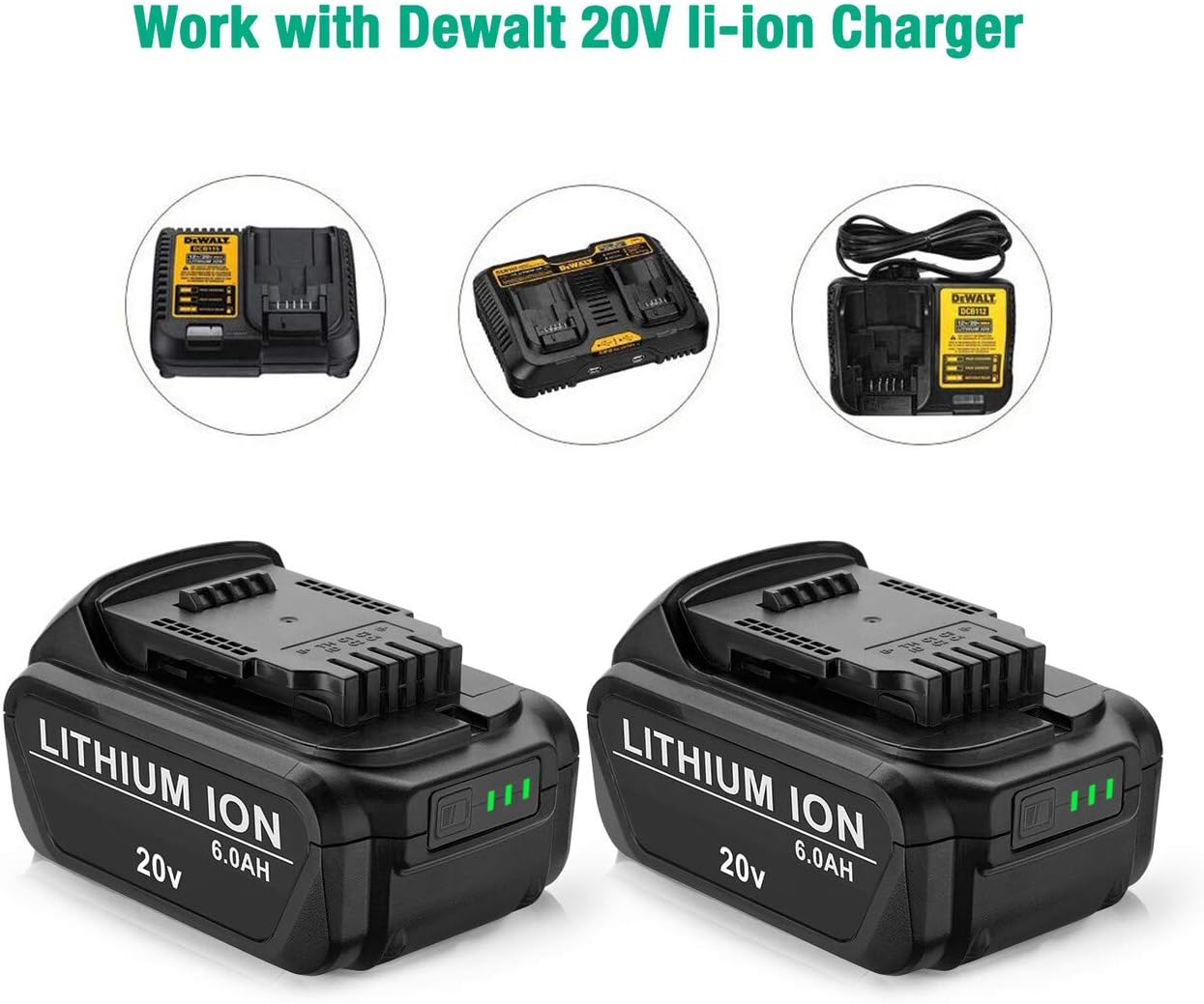 FirstPower 6.0Ah Replacement Battery DCB205 DCB204 - Compatible with All Dewalt 20V Cordless Power Tools DCB180 DCB200 DCB204-2 DCB205-2 DCB206 Dewalt DCD/DCF/DCG Series - Upgraded Li-ion 2 Pack - - 