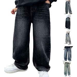 Boys Baggy Jeans Straight Leg Elastic Waist Back to School Jean Pants | 2026 Summer Casual Soft Wide Leg Denim Pants Cute Y2K