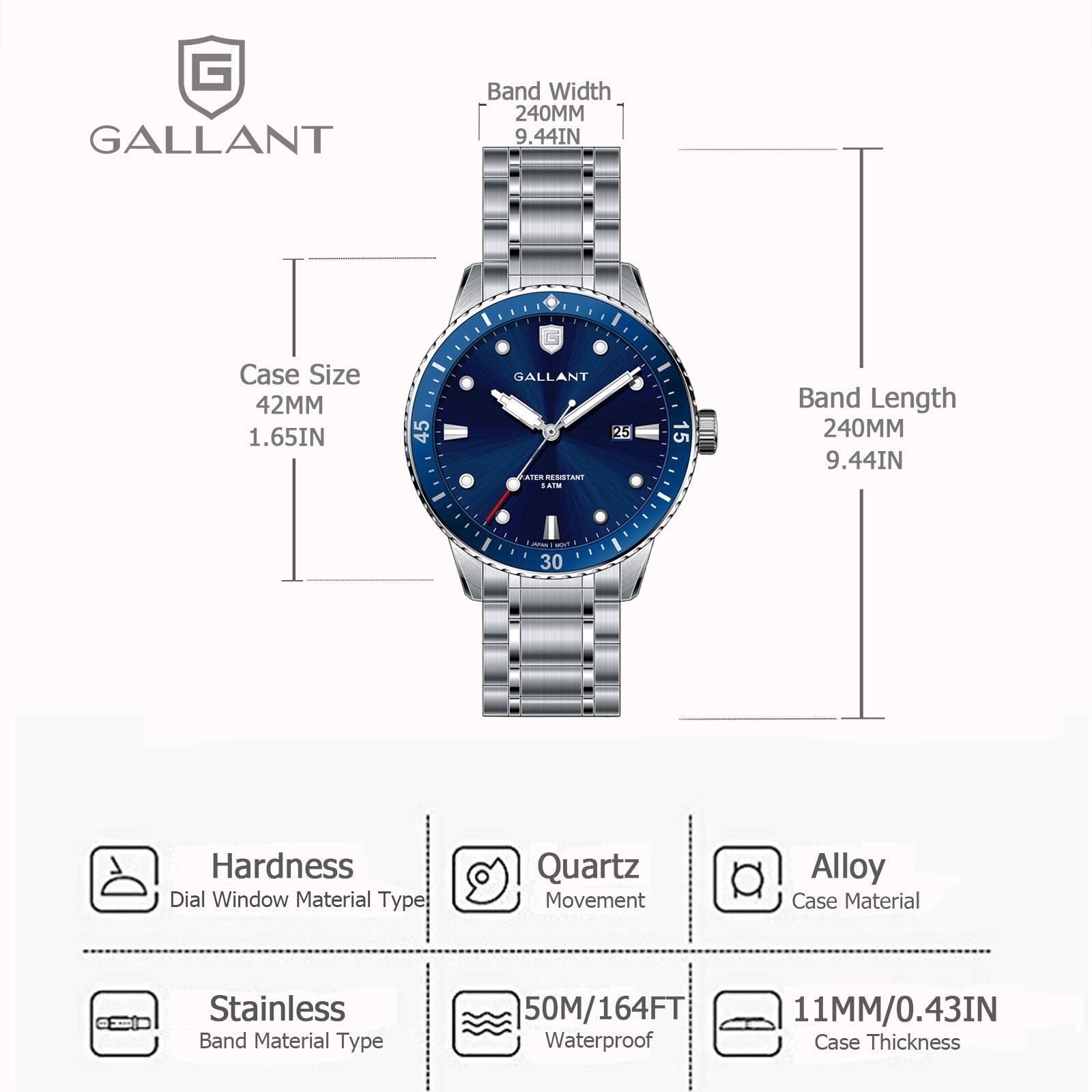 GALLANT Men\'s Sports Quartz Watch with Stainless Steel Strap Analog Dial Quarz Movement Wrist Watch Multi-Function Business Work Casual Calendar Date Waterproof Watches, Blue