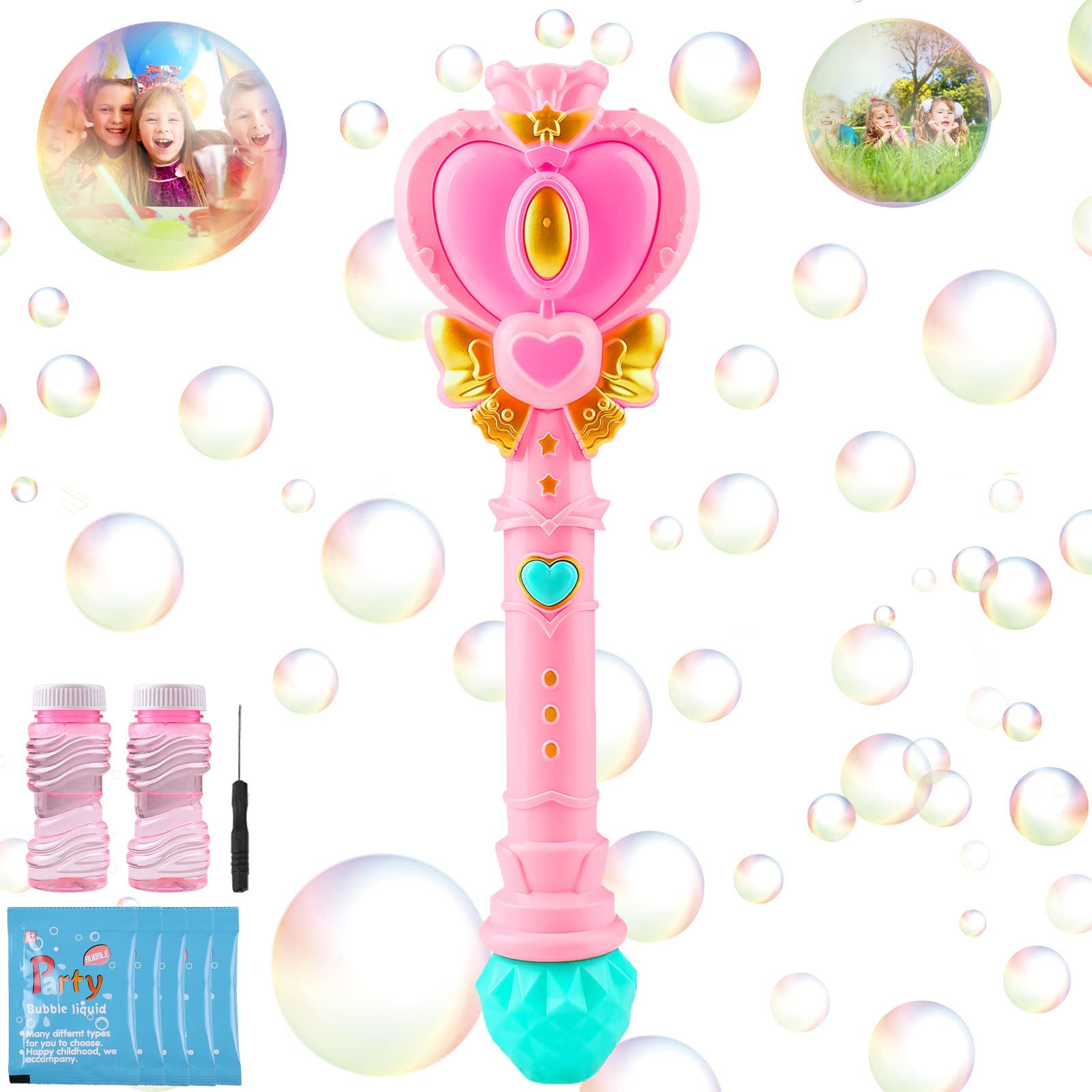 Photo 1 of Bubble Wand for Kids, Princess Heart Bubble Machine Blower Maker Wand with Light, Easter Basket Stuffers Outdoor Toys Gifts for 1 2 3 4 5 6 7 8 Years Old Toddlers Little Girls Include Bubble Solution