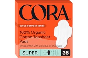 Cora 100% Organic Cotton Topsheet Pads | Ultra Thin Period Pad with Wings | Super Absorbency | Ultra-Absorbent Sanitary Pads for Women (36 Count)
