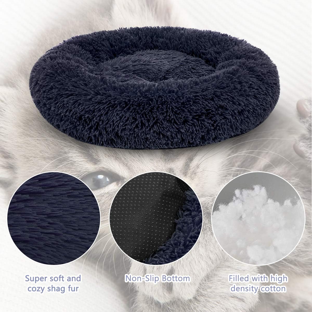 AIPERRO Dog Bed for Small Medium Dogs, Donut Cuddler Fur Round Pet Bed Soft Plush Fluffy Indoor Calming Cat Bed, Anti-Slip & Anti-Anxiety, 16/20/23/30 Inch for Puppy and Kitties (20 inch, Dark Blue) : Pet Supplies
