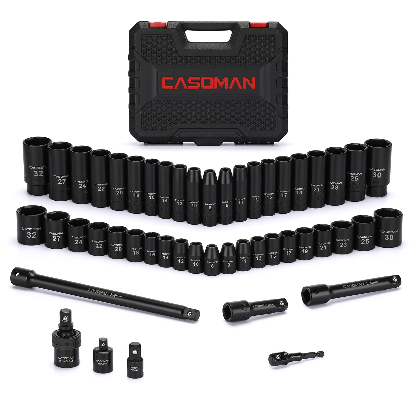 CASOMAN 49PCS 1/2-Inch Drive Impact Socket Set, Deep&Shallow, CR-V, 6 Point, Metric Socket Set, 8mm-32mm, Includes Extension Bars, Adapters, Impact Universal Joint