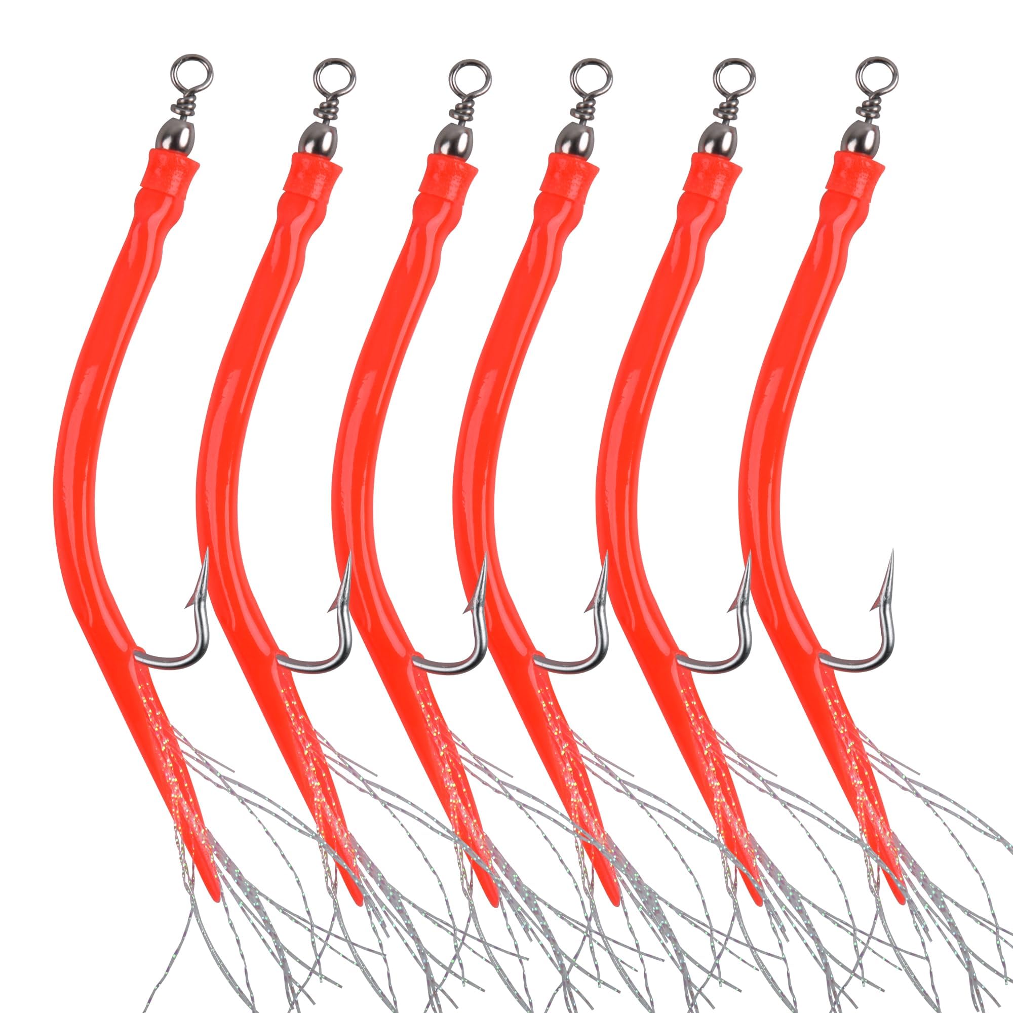 Eel Tube Long shank Hooks 5pcs Sand Eel Lure Offset Hook Striped Bass Fishing Lure with Rubber Tube Swivel Flash Teaser Luminous Bait Rigs Fishing Accessories (10/0-5pcs, Red)
