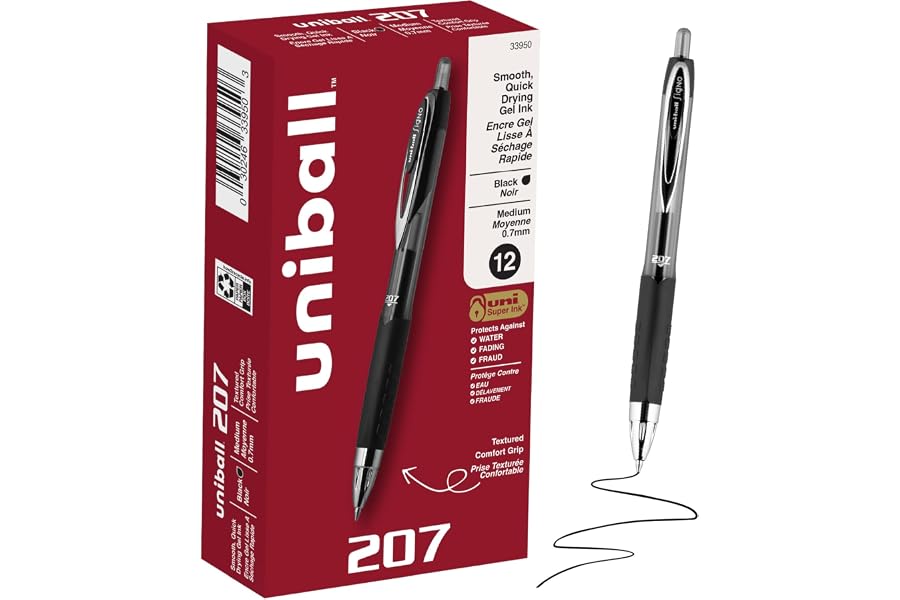 uniball™ 207 Gel Pens, Black Ink, 0.7mm Medium Point, Retractable, 12 Count | Smooth Writing, Fraud-Resistant, uni Super Ink™