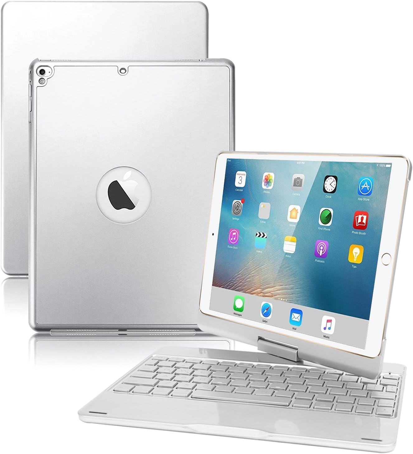 iPad Keyboard Case for New 2018 iPad, 2017 iPad, iPad Pro 9.7, iPad Air 1 and 2,VANKY Wireless Bluetooth 360°Rotatable Aluminum Shell Smart Folio with 7 Colors Backlit (Silver)