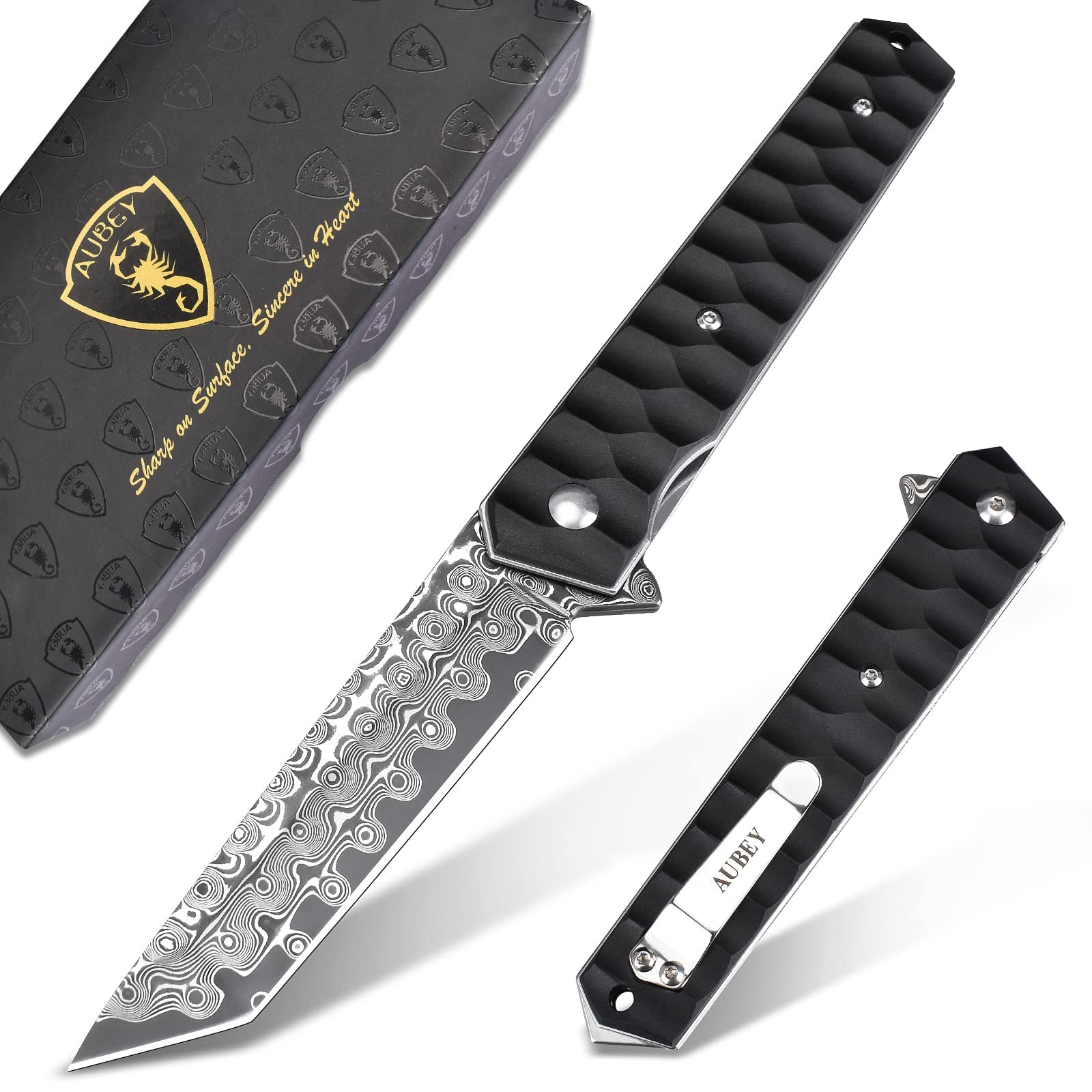AUBEY Damast Taschenmesser Klappmesser mit Clip, Damaststahl Klinge Tanto Messer mit Flipper, Liner Lock, Aluminium Griff, Glasbrecher, Geschenkbox - Einhandmesser für EDC Jagd Camping Sammeln