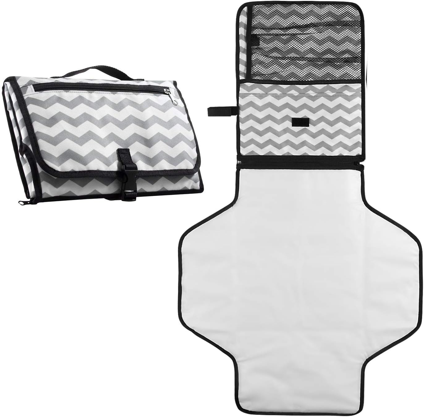 FushoP Travel Changing Mat Diaper Clutch Baby Portable Changing Pad Waterproof Nappy Changing Station Lightweight Travel Station Kit for Baby Diapering with Zippered Pocket (White)