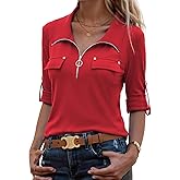 Bulotus 3/4 Length Sleeve Womens Tops Zipper Long Loose Tunics with Leggings Crew Neck Business Casual Dressy Blouses