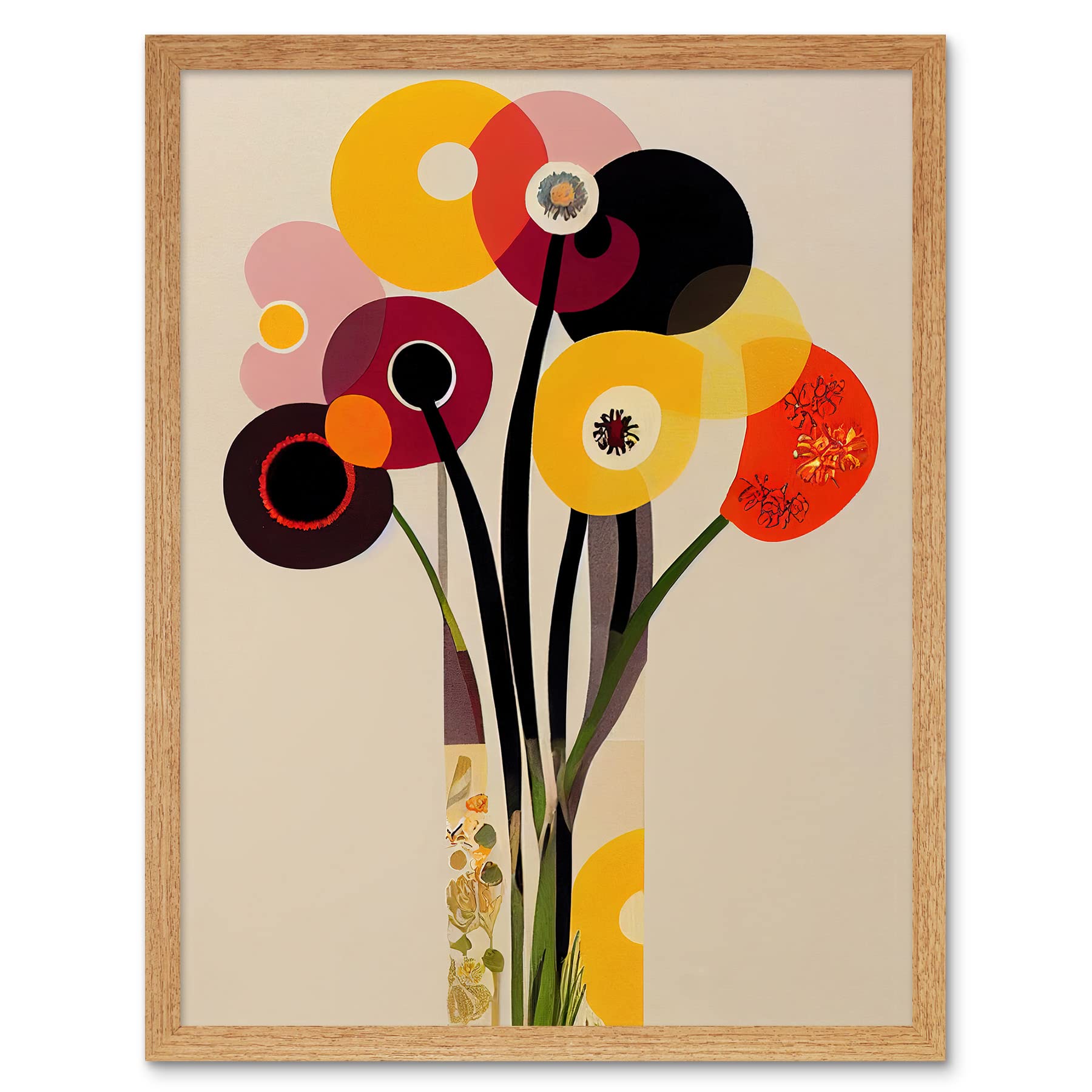 Wee Blue Coo Abstract Retro Spring Summer Flowers Floral Yellow Burgundy Orange Bouquet Vase Art Print Framed Poster Wall Decor 12x16 inch