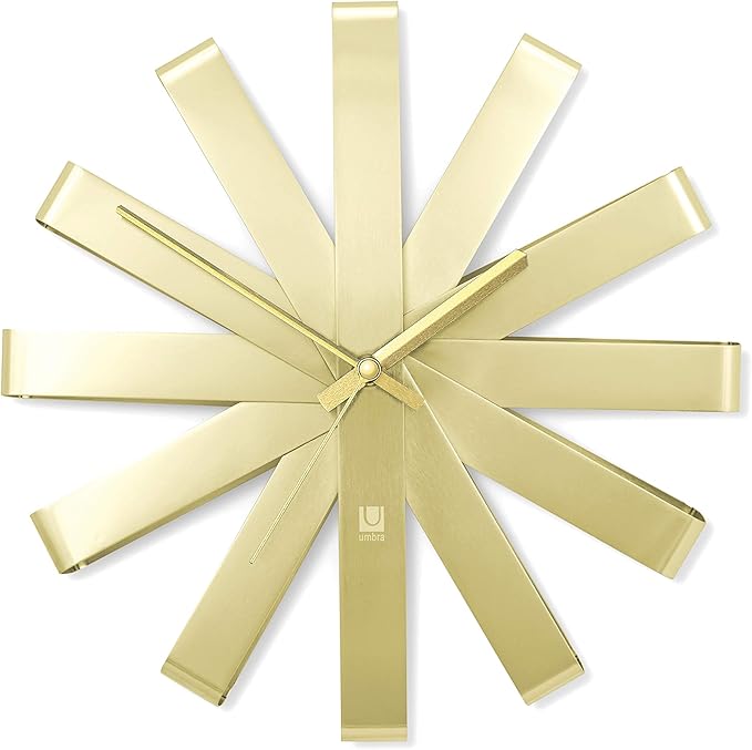 Umbra Ribbon Modern Wall Clock, Silent Non Ticking Battery Operated Quartz Movement, Brass