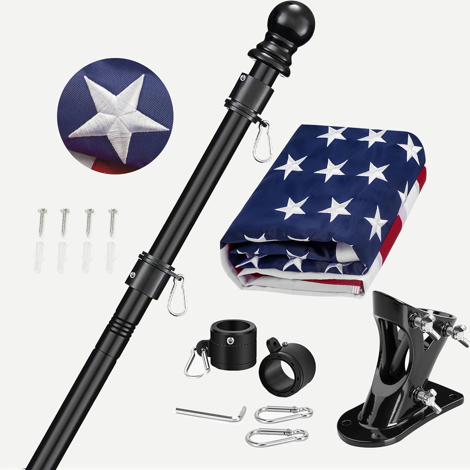 Flagpole Hardware - This American with Flag Pole for Outside House Flag Pole Kit, 6 FT Black Tangle Free Metal Flag Poles, 3x5 Embroidered US Flag, Holder Bracket, Strong Stainless Steel for Outside Porch, Tree, Boat