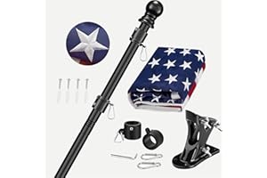 POZOY This American with Flag Pole for Outside House Flag Pole Kit, 6 FT Black Tangle Free Metal Flag Poles, 3x5 Embroidered US Flag, Holder Bracket, Strong Stainless Steel for Outside Porch, Tree, Boat