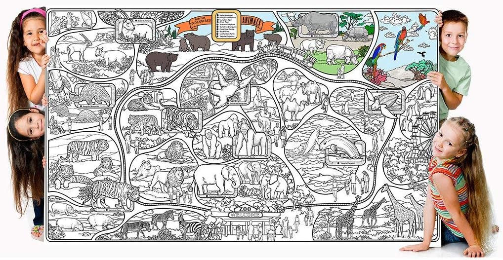 Great2bColorful Coloring Poster (3 Sizes~2 Paper Choices) - A Day at The Zoo (Endangered Animals) (24" x 36", Premium Paper)