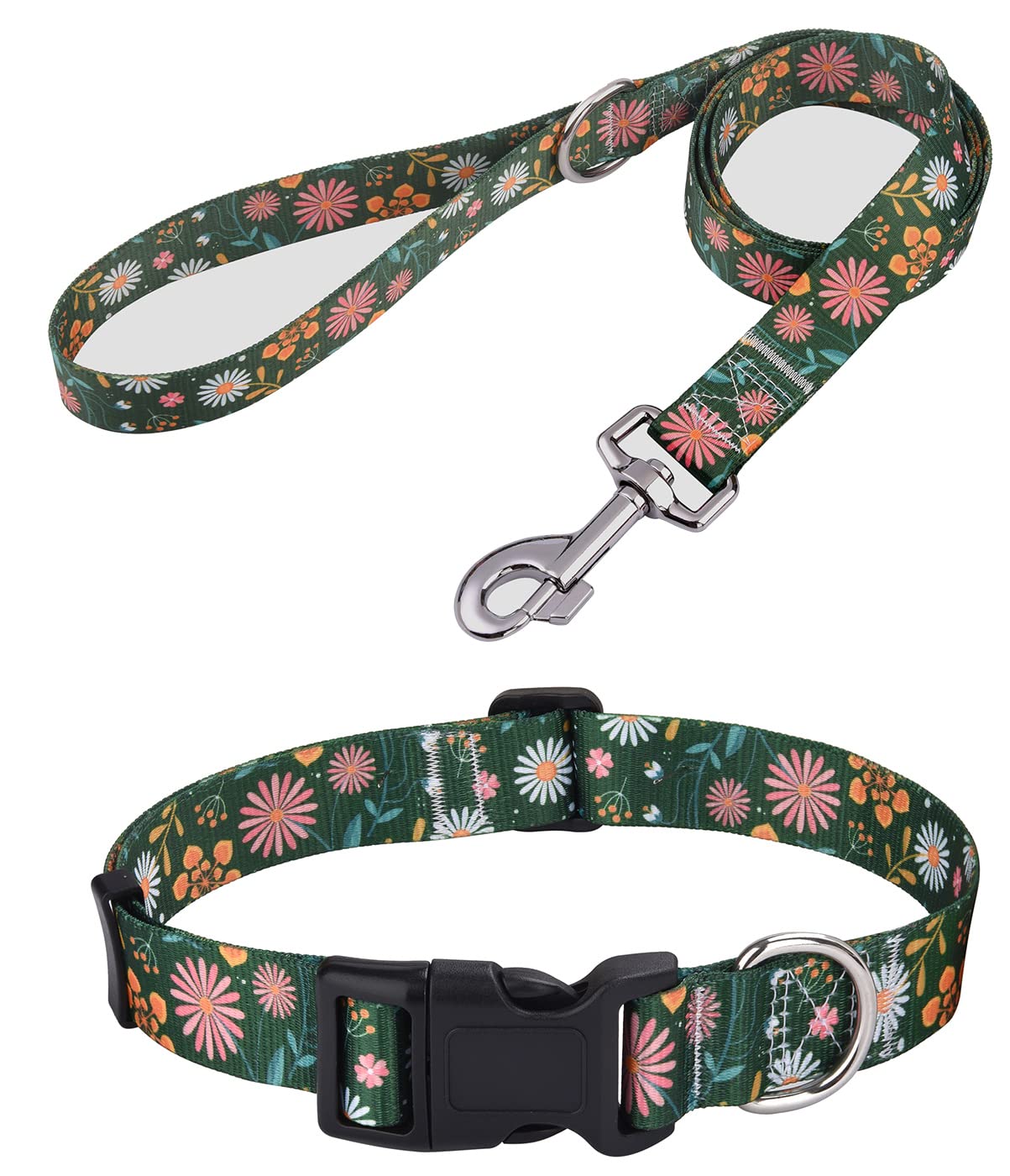 Mihqy Dog Collar and Lead Set with Bohemia Floral Tribal Geometric Patterns - Soft Ethnic Style Collar Adjustable for Small Medium Large Dogs(Dark Green Flower Set,L) — image 1
