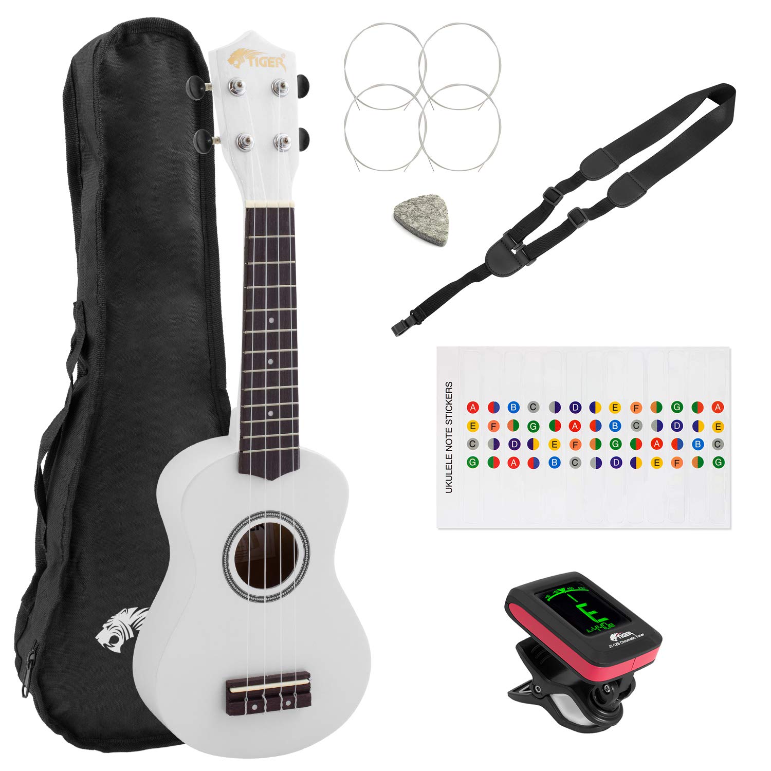 Tiger UKEKIT-WH Soprano Ukulele Kit – Suitable for Beginners and Children – Chromatic Tuner, Strap, Carry Bag, Notes Sticker, Felt Pick, Spare Strings, with Aquila Strings Fitted - White