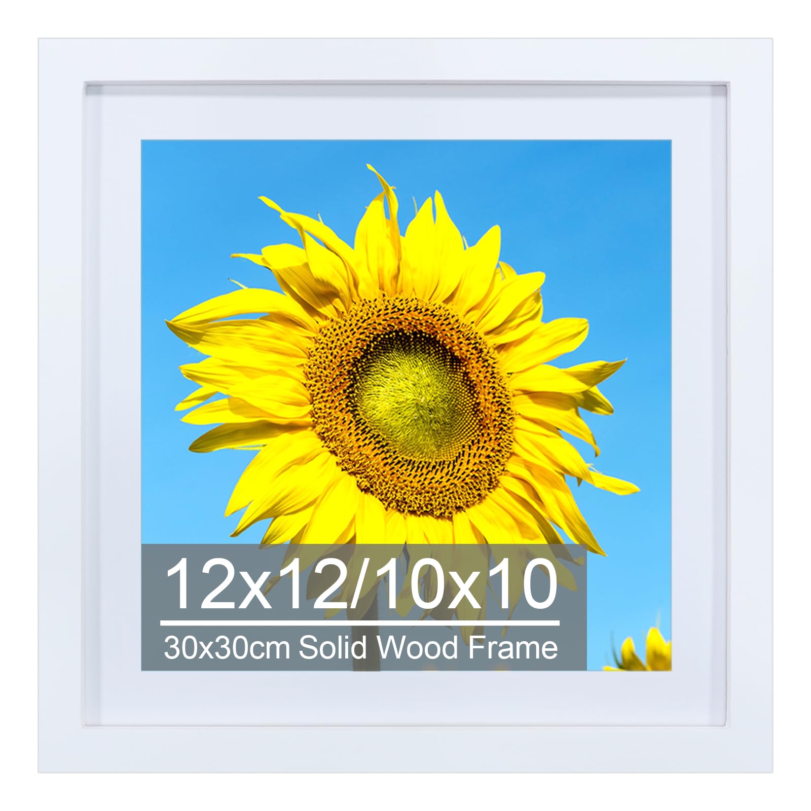 View 1 of 12x12 Picture Frame Matted to 10x10, Solid Wood Diamond Art Painting Frames 30x30cm, Display Pictures 10 x 10 with Mat or 12 x 12 Without Mat, 12x12 Square Photo Poster Frame, Wall Mounting - White