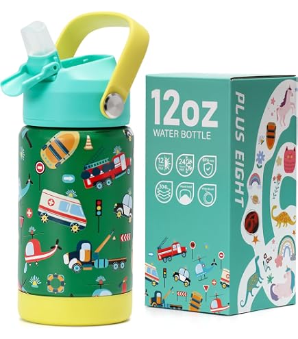 Bouteille Isotherme Enfant Pluseight Avec Paille - Acier Inoxydable 18/8 Sans BPA, 355 Ml, étanche | Pour école, Voyage, Garçons Et Filles