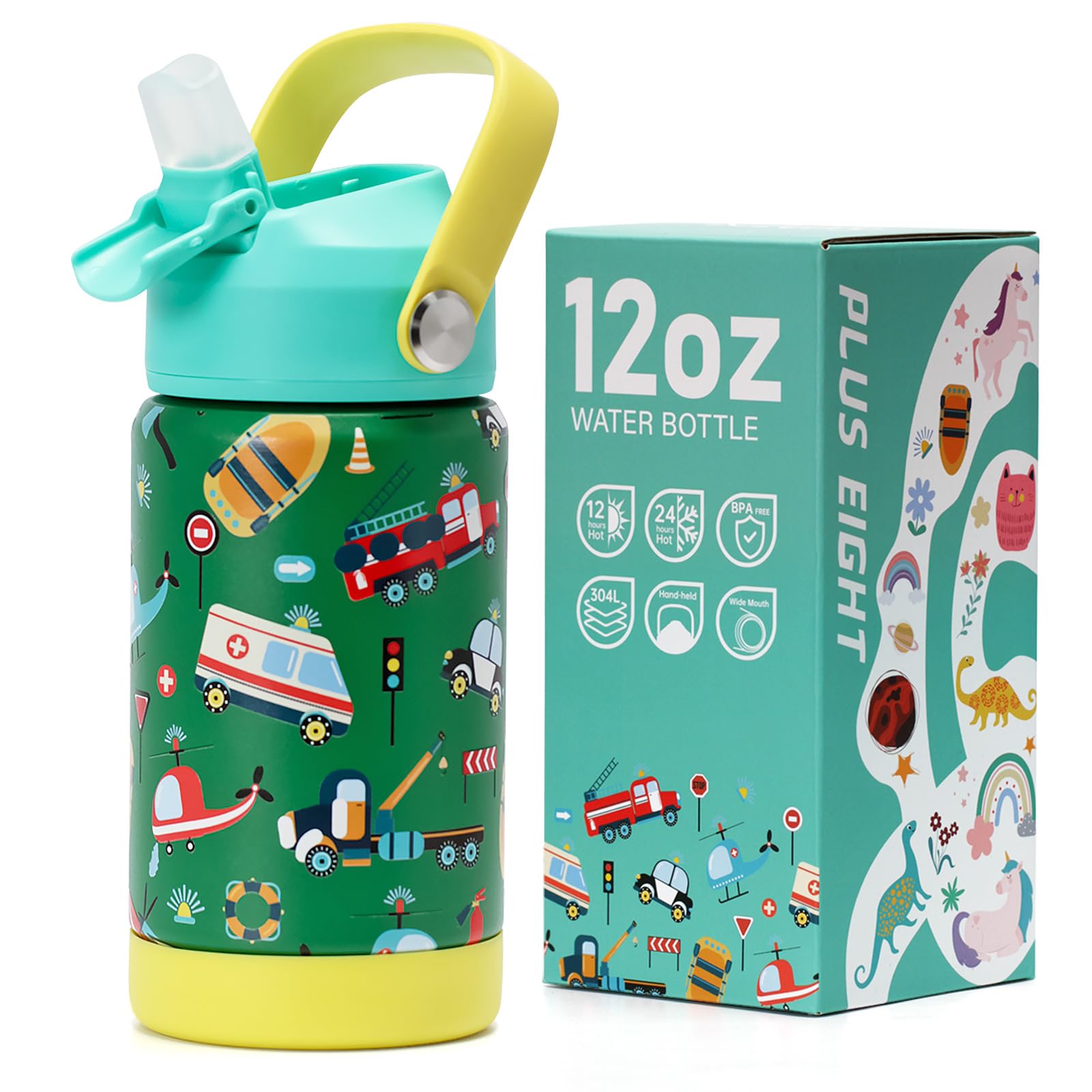 Photo 1 of ****Factory Seal****
pluseight Kids Insulated Water Bottle with Straw Lid, 12 oz BPA-FREE Double Wall Vacuum Tumbler 18/8 Stainless Steel Leak Proof Kids Cups with Straw for School Travel Boys Girls (Car)