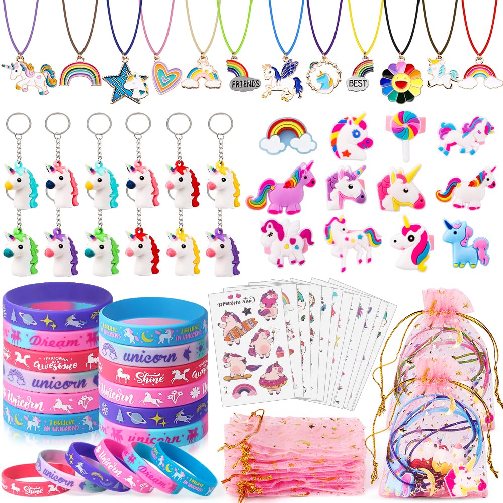 Photo 1 of 72Pcs Unicorn Party Favors Birthday Supplies for Girls Unicorn Silicone Bracelets Necklaces Rings Keychains Tattoos Rainbow Gifts Toys Party Supplies Gift Goodie Bag Fillers