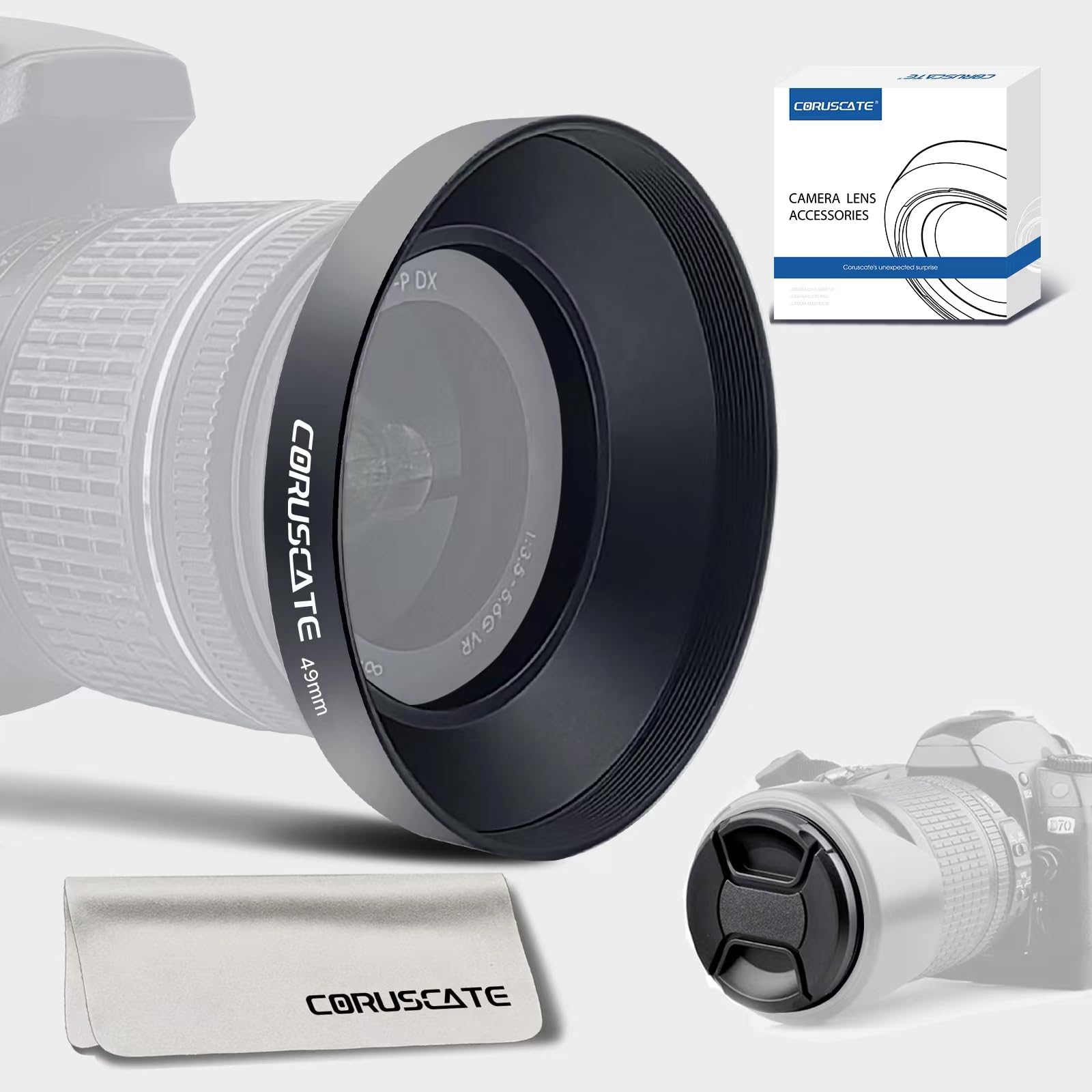 49mm Universal Metal Lens Hood,Wide Angle Lens Hood Compatible All 49mm Brands Camera lens(and easy to install and remove)+1pcs 49mm Lens Cap+1pcs Lens cleaning cloth (49mm)