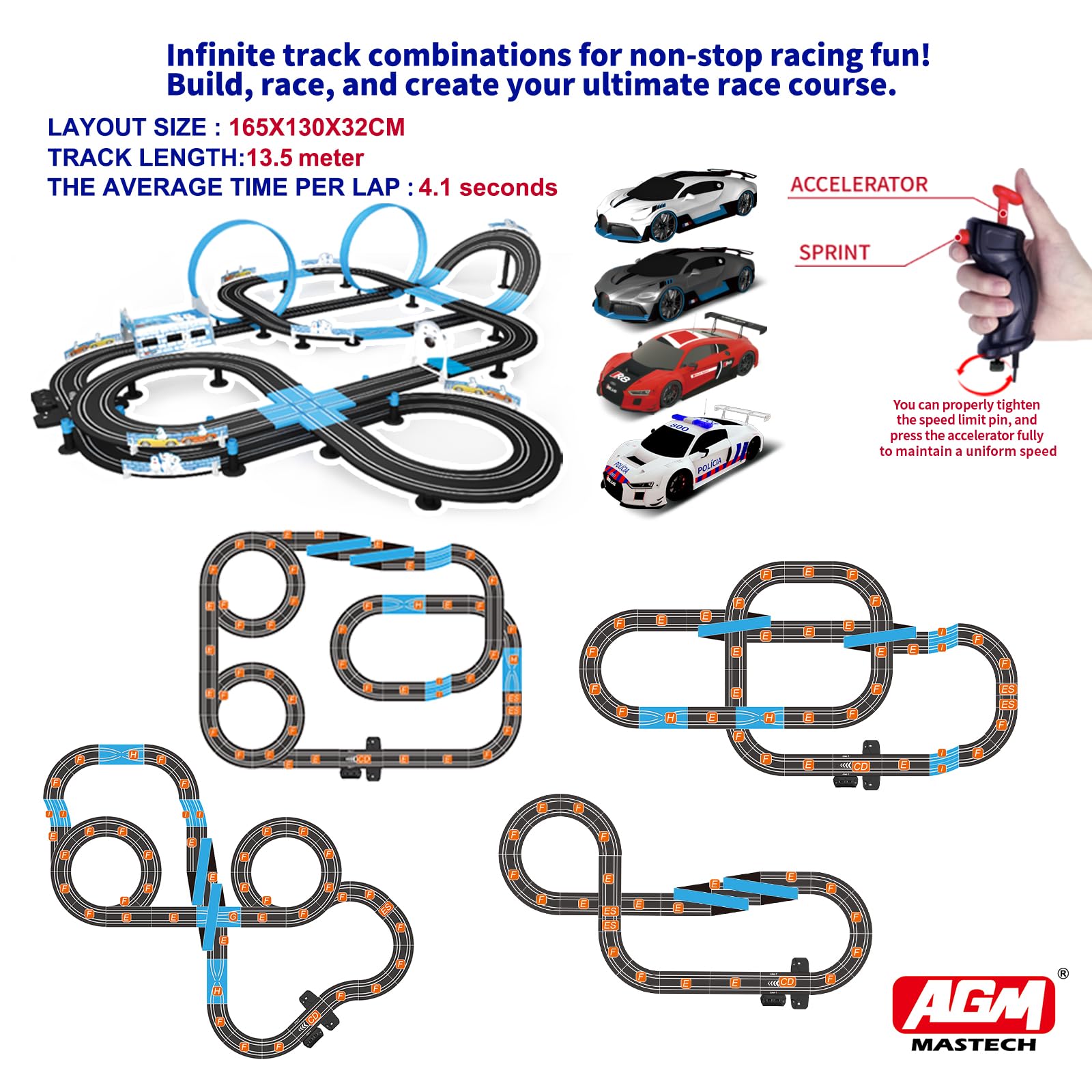 AGM MASETCH High Speed Series Tram Dual Track Set, Track with 4 Vehicles Official Licensed Slot car Racing, Comes with 2 Hand Controls and Track Parts and a Lap Counter.