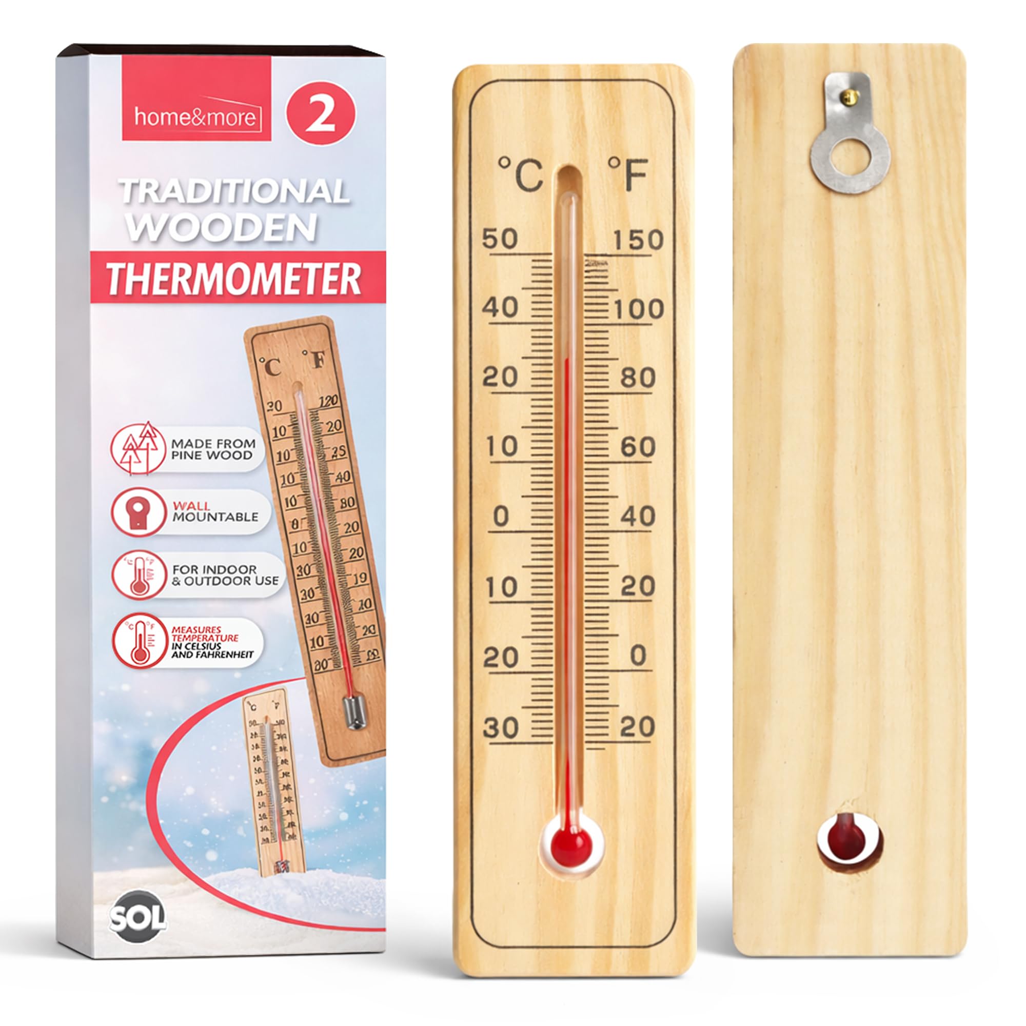 SOL 2pk Traditional Wooden Wall Thermometer Indoor Outdoor Temperature Gauge Classic Wood Frame Clear Scale Easy Read Wall Mount for Home Garden Greenhouse Shed Household Monitoring