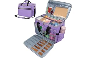 Anitor Large Crochet Bag Knitting Bag Yarn Storage Tote, Yarn Bag with Clear Top Lid, Unfinished Project Compartment, 6 Yarn Holes. Holds Knitting Needles, Crochet Hooks, Yarn, Purple, (Bag Only)