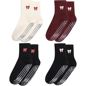 soxitoevy 2/4 Pairs Cute Pilates Socks with Grips for Women | Burgundy Bow Cotton Crew Socks for Yoga Barre Hospital Sticky S