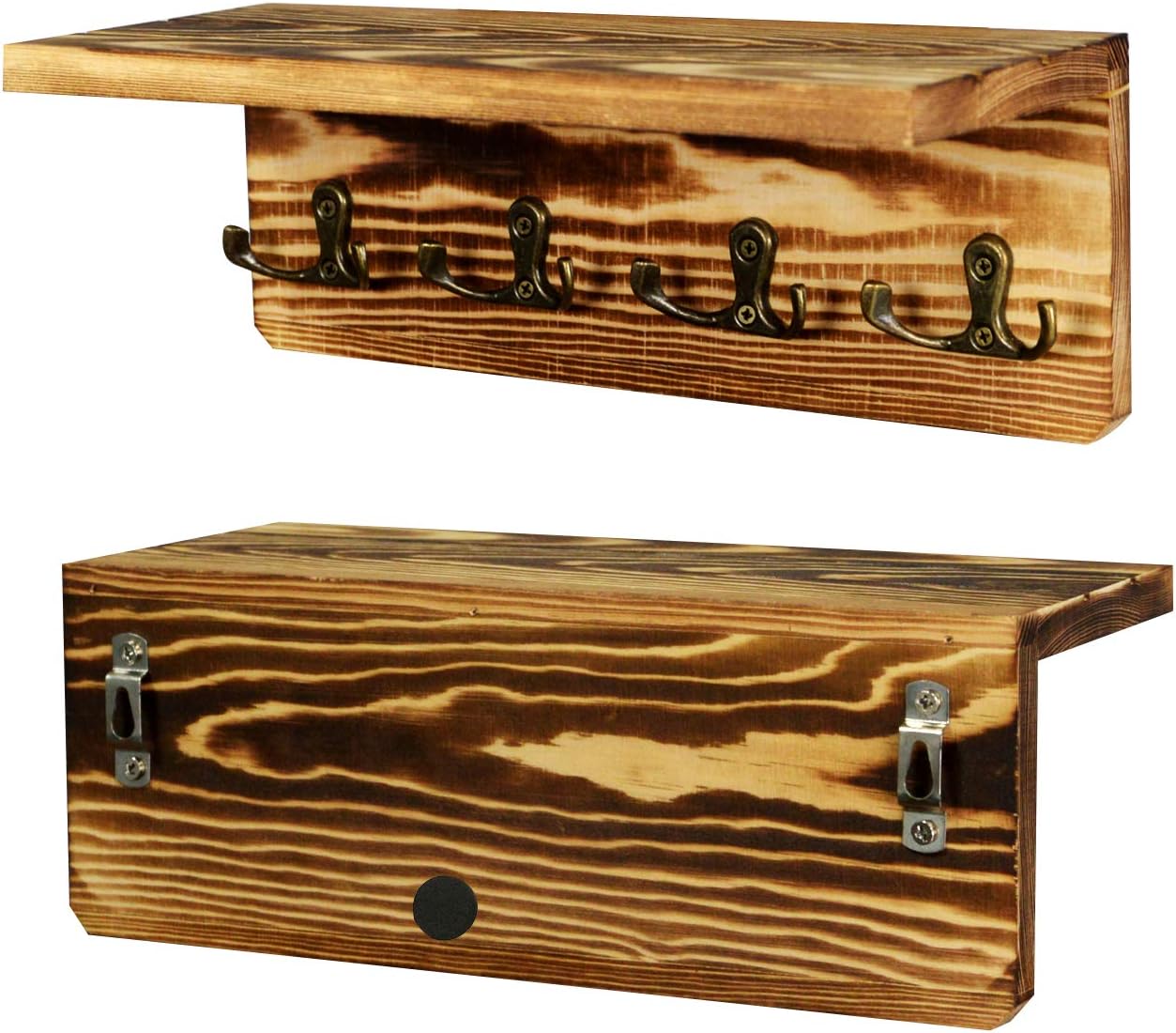 Key Holder for Wall Wooden Key Rack with Shelf Rustic Key Mail Holder Organizer with 4 Dual Key Hooks for Hat Handbags Hanging Coat Rack Hme Decor for Entryway, Bathroom and Kitchen, Fire Color: Home Improvement
