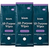 biom All Purpose Cleaning Wipes, Lavender Ease, 60ct, 3-Pack, 8" Refill | Plastic-free wipes with a plant-based formula, safe for use on skin and surfaces, and safe for kids, pets, and adults