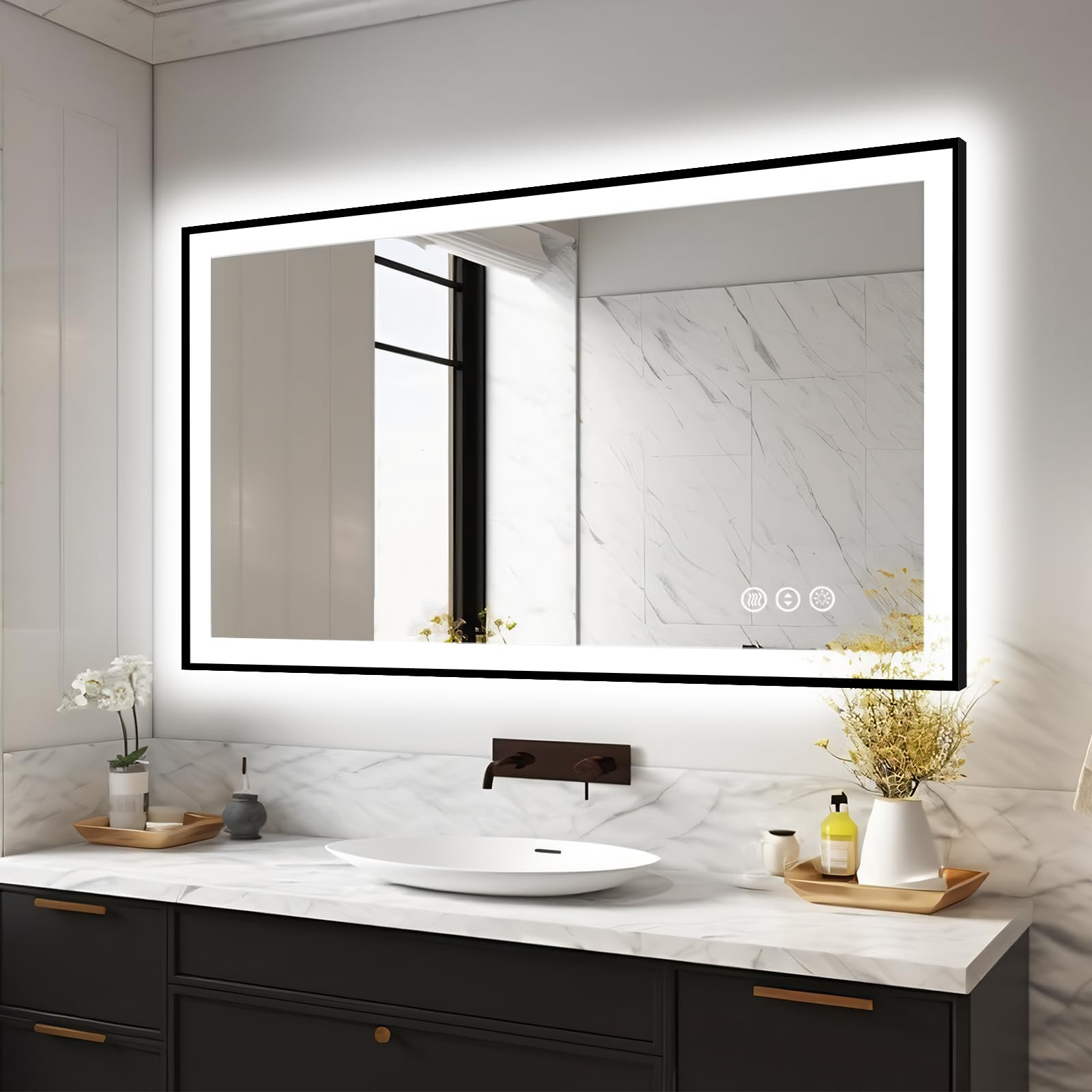 EchosLife 48x32 LED Bathroom Mirrors for Wall -Black Aluminum Framed (Front and Backlit), Anti ...