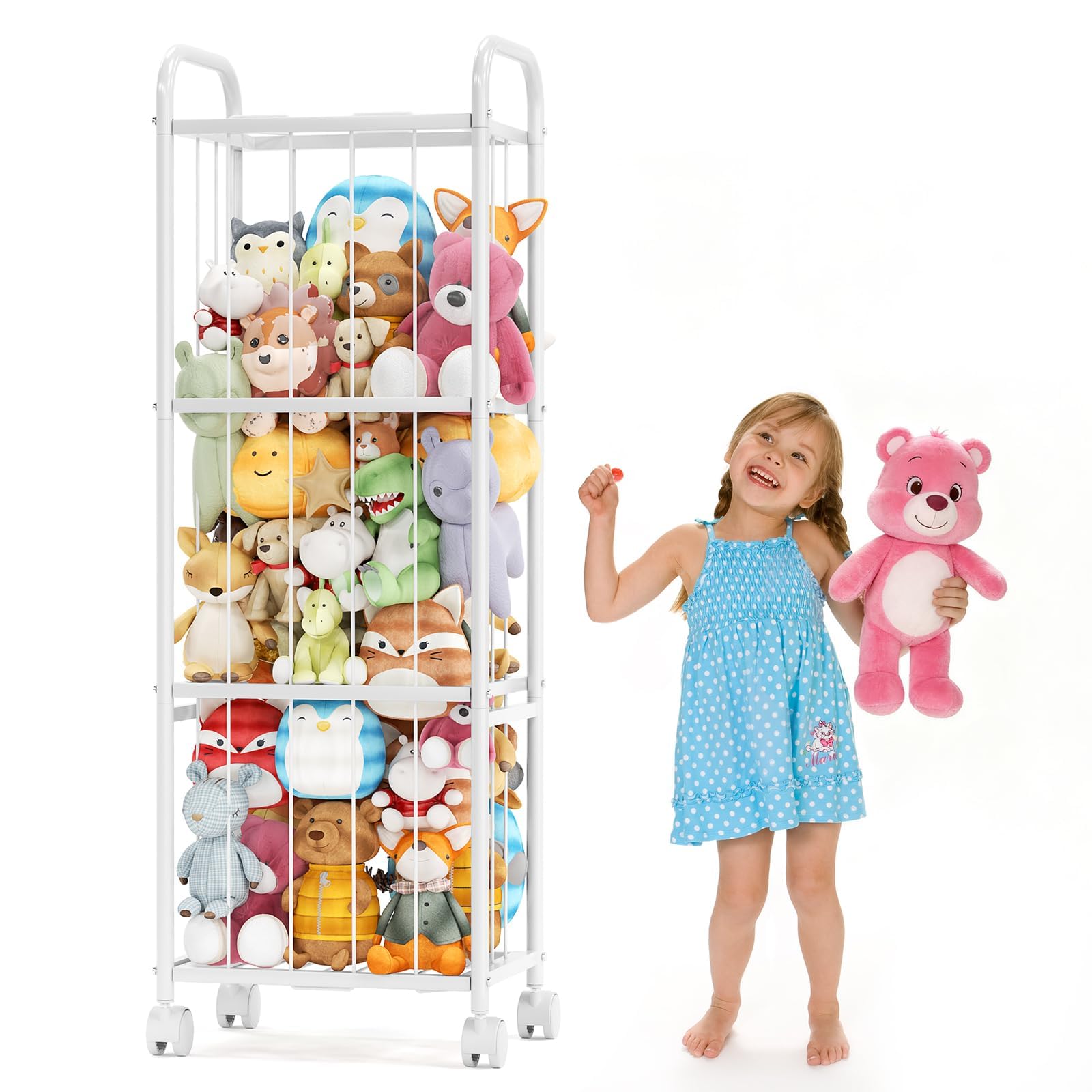 Photo 1 of ***FACTORY SEALED***Stuffed Animal Storage Metal Tube Extra Large Toy Storage Organizer with Brake Wheels, Stuffed Animal Holder Zoo Organizer for Nursery Playroom Kids Room White(53.5” x 18.1”x 13”)