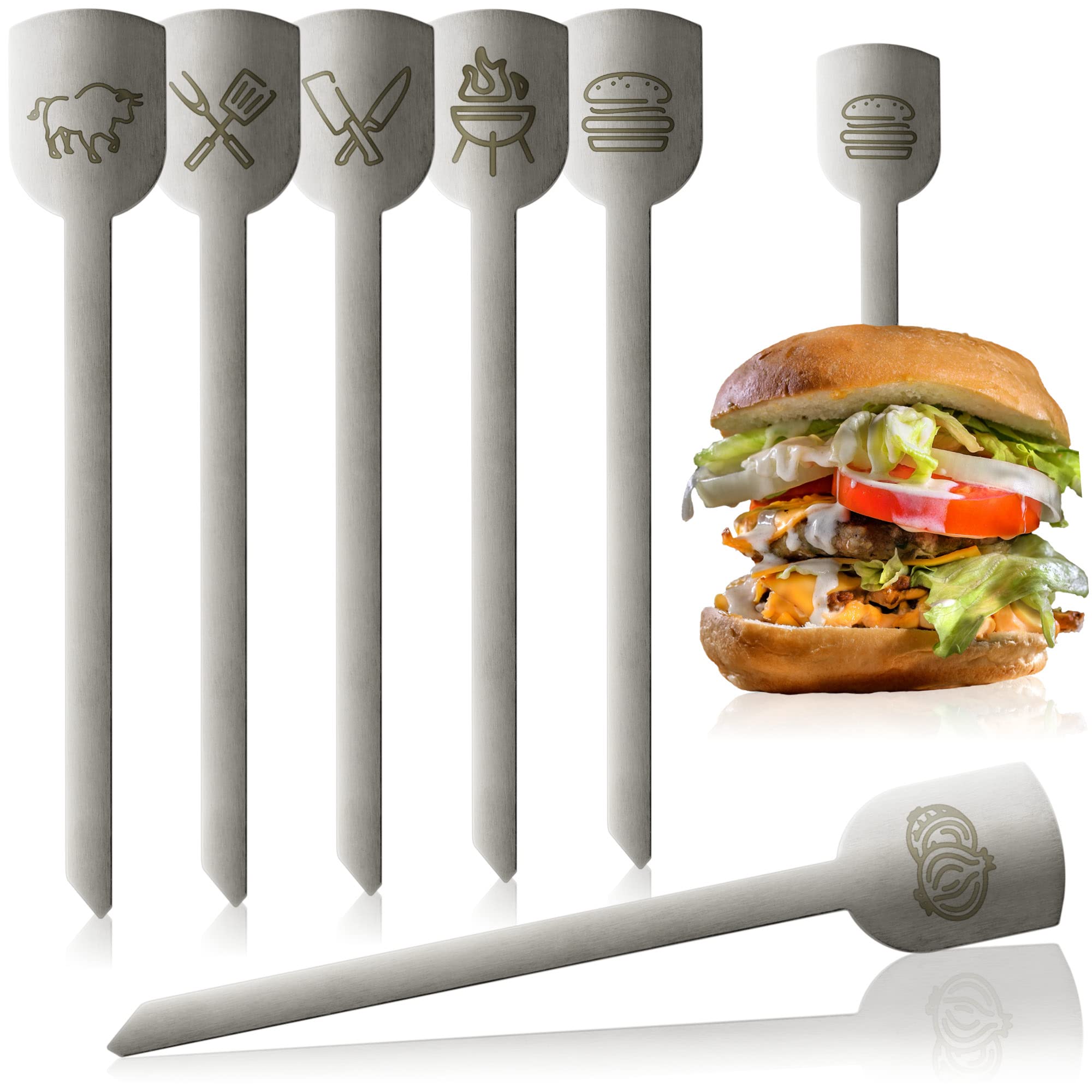 Robin Goods® 6X Stainless Steel Burger Picks - Wide Grip Metal BBQ & Kitchen Tools (6 Pieces)