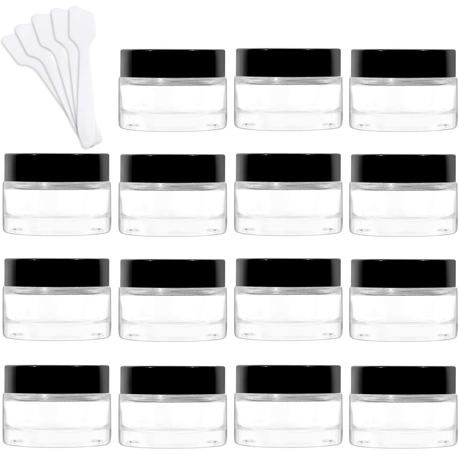 Clear Glass Jars - 15 Pack 1 oz Round With Black Lids & Inner Liners, 30 ml Empty Refillable Cosmetic Containers for Powder, Lotion and Cream