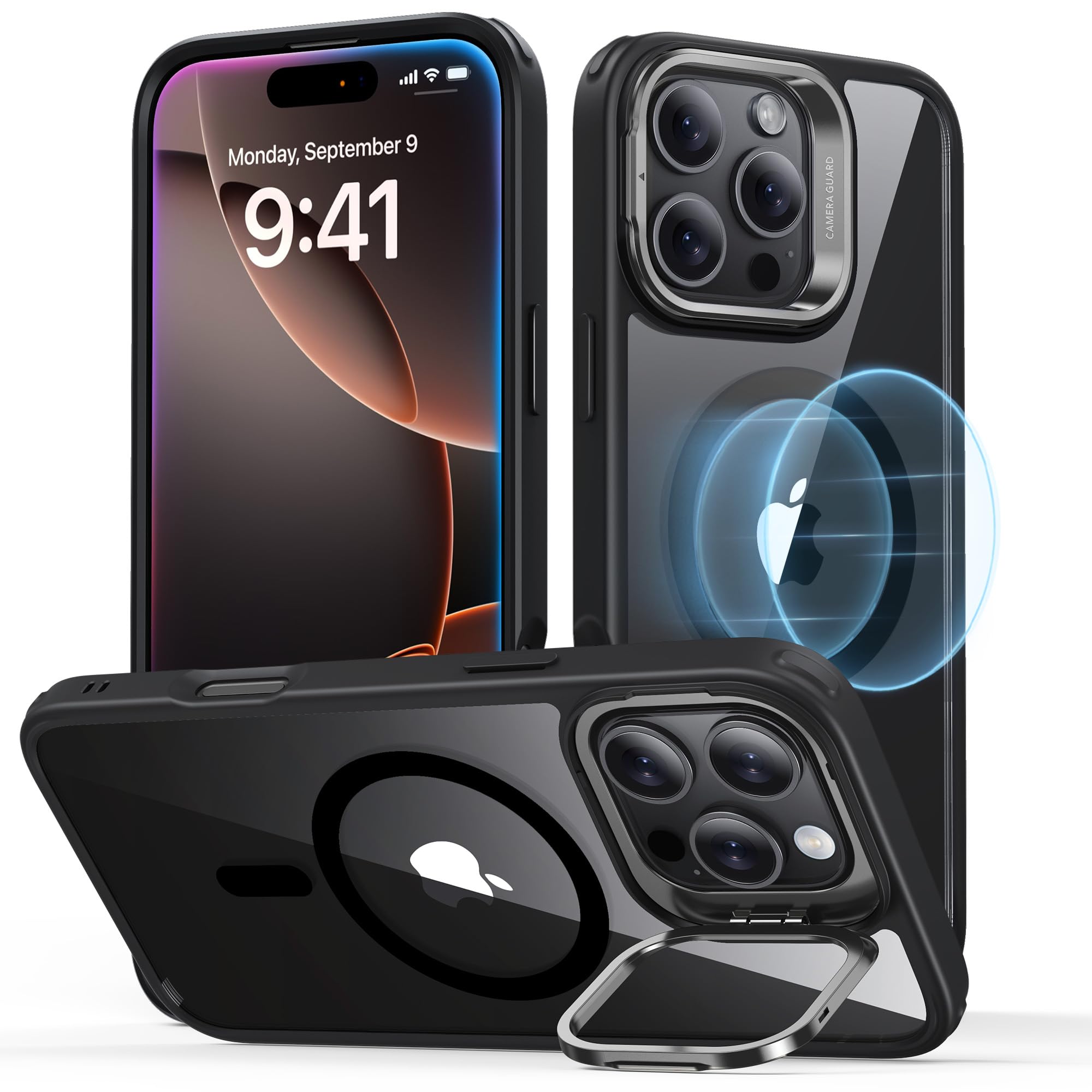 ESR for iPhone 16 Pro Max Case, Compatible with MagSafe, Military-Grade Protective Case, Built-in Stash Stand Phone Case, Scratch-Resistant Back Cover, Classic Series, Clear Black