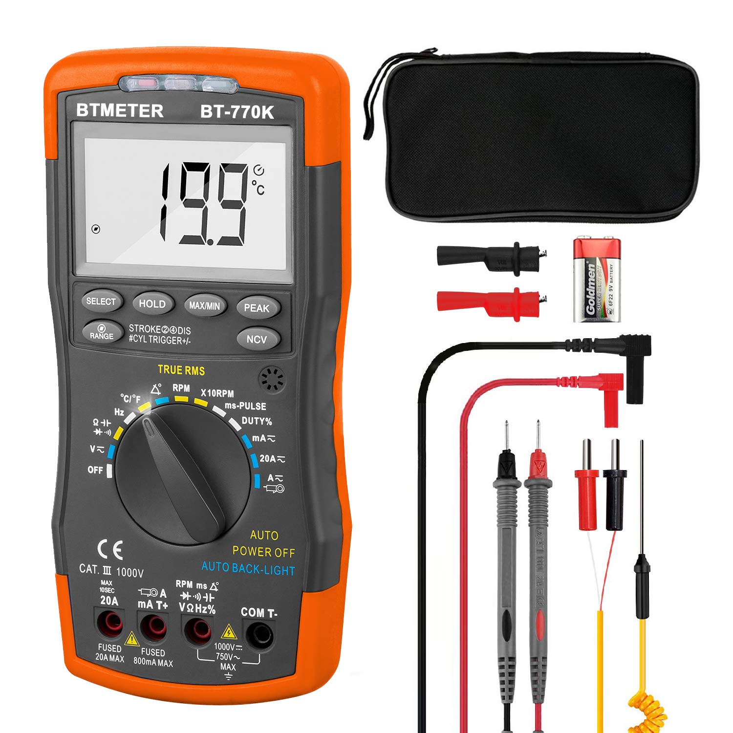 BTMETER Automotive Multimeter, BT-770K Auto Ranging Engine Analyser for Dwell Angle Pulse Width Tach Temperature Duty Cycle Voltage Current Resistance Test