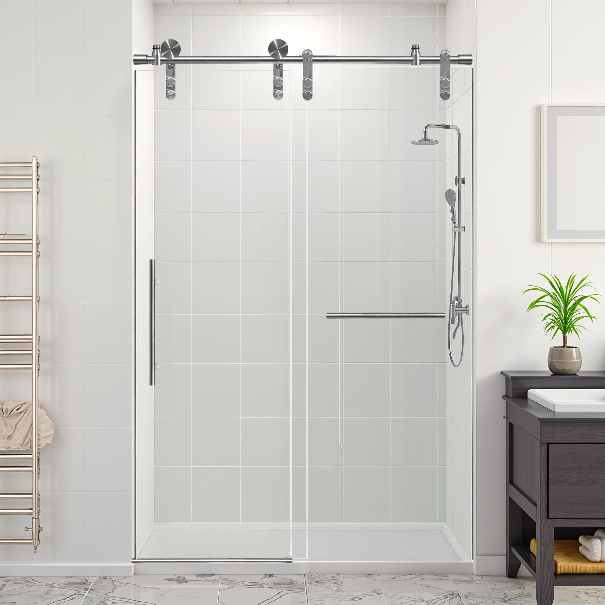 Photo 1 of HIGREENA Shower Door 44-48" W x 76" H, Single Sliding Shower Glass Door, Frameless Shower Door with 5/16" (8mm) Thick Tempered Glass, Towel Rail and Auxiliary Handle, Brushed Nickel