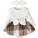 KAFIREN Baby Girl Clothes Fall Winter Outfit Plaid Romper Long Sleeve Dress Lace Ruffles Bodysuit with Bow Headband