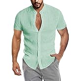COOFANDY Men's Casual Button Down Shirts Short Sleeve Banded Collar Dress Shirts Solid Summer Beach Tops