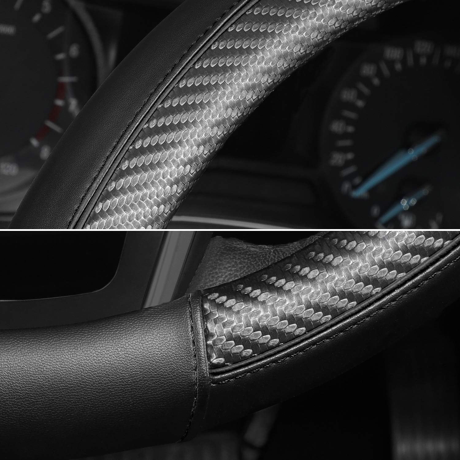 SEG Direct Car Steering Wheel Cover Universal Standard-Size 37-39cm Leather with Carbon Fiber Pattern Black - Image 3