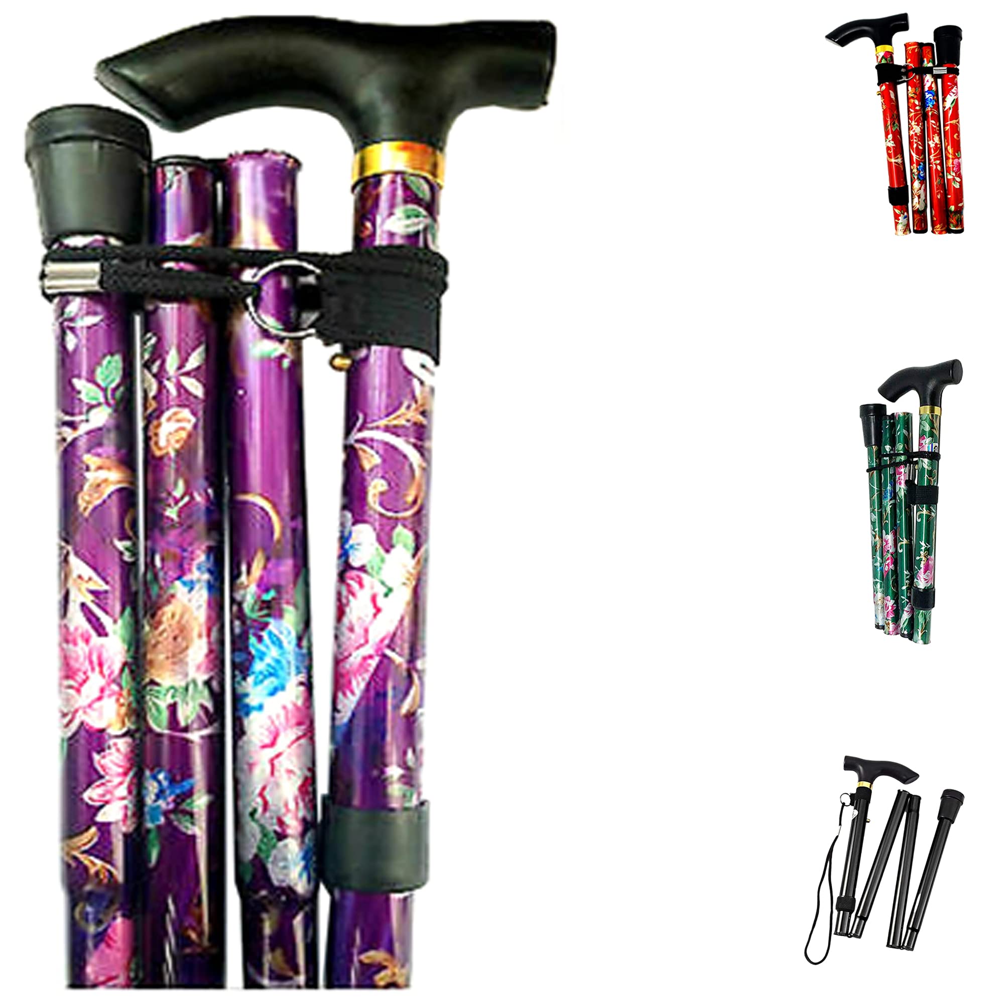 PLASTIFIC Walking Stick, Easy Adjustable Height Folding Extendable Walking Cane, Lightweight Flexible and Durable Walking Aid Mobility Aid Collapsible Walking Stick (A-Purple Floral)