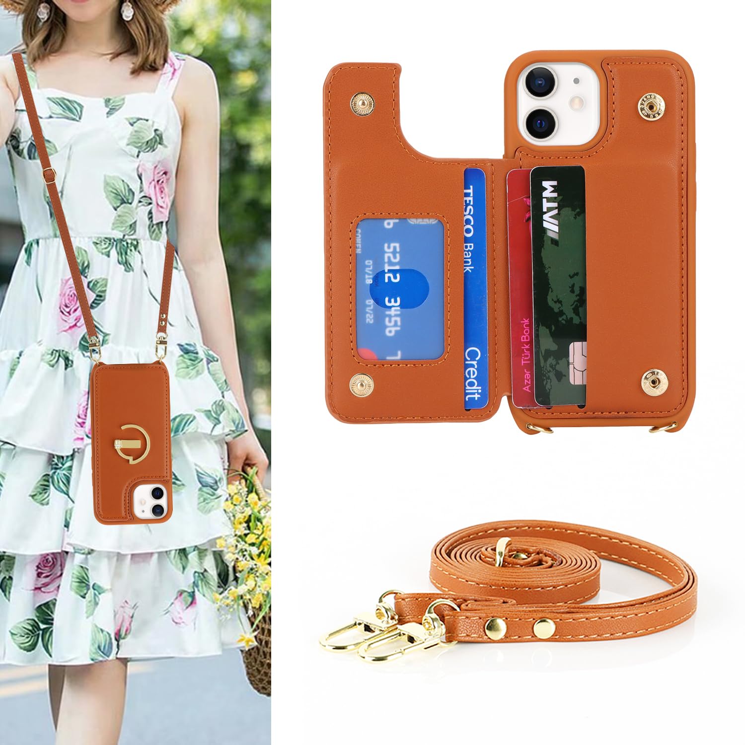 SailorTech iPhone 12 Mini Case with Credit Card Holder, iPhone 12 Mini Phone Leather Case Ring Stand with Kickstand Strap Card Slots Wallet Crossbody for iPhone 12 Mini - Brown